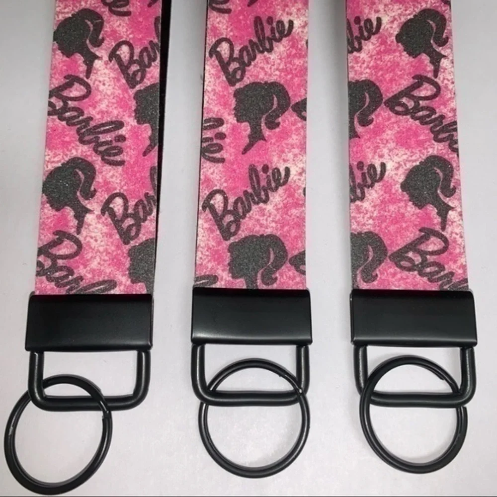 Barbie sparkle black/pink faux leather wristlet keychain new